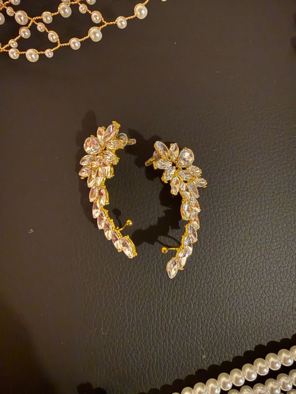 Gold Crystal Floral Ear Crawlers with Marquise Stones